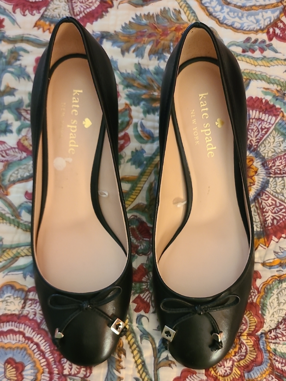 kate spade Black Leather Bow Ballet Pumps with Gold Charm Accents - Picture 2 of 7